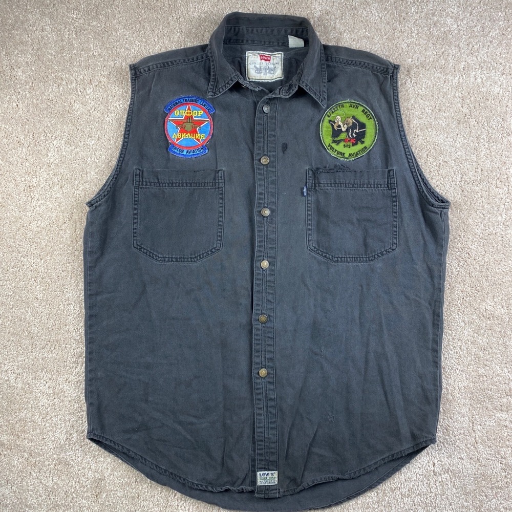 Vintage Levis Mens Black Denim Sleeveless Patches Vets Dont‎ Forget Military L